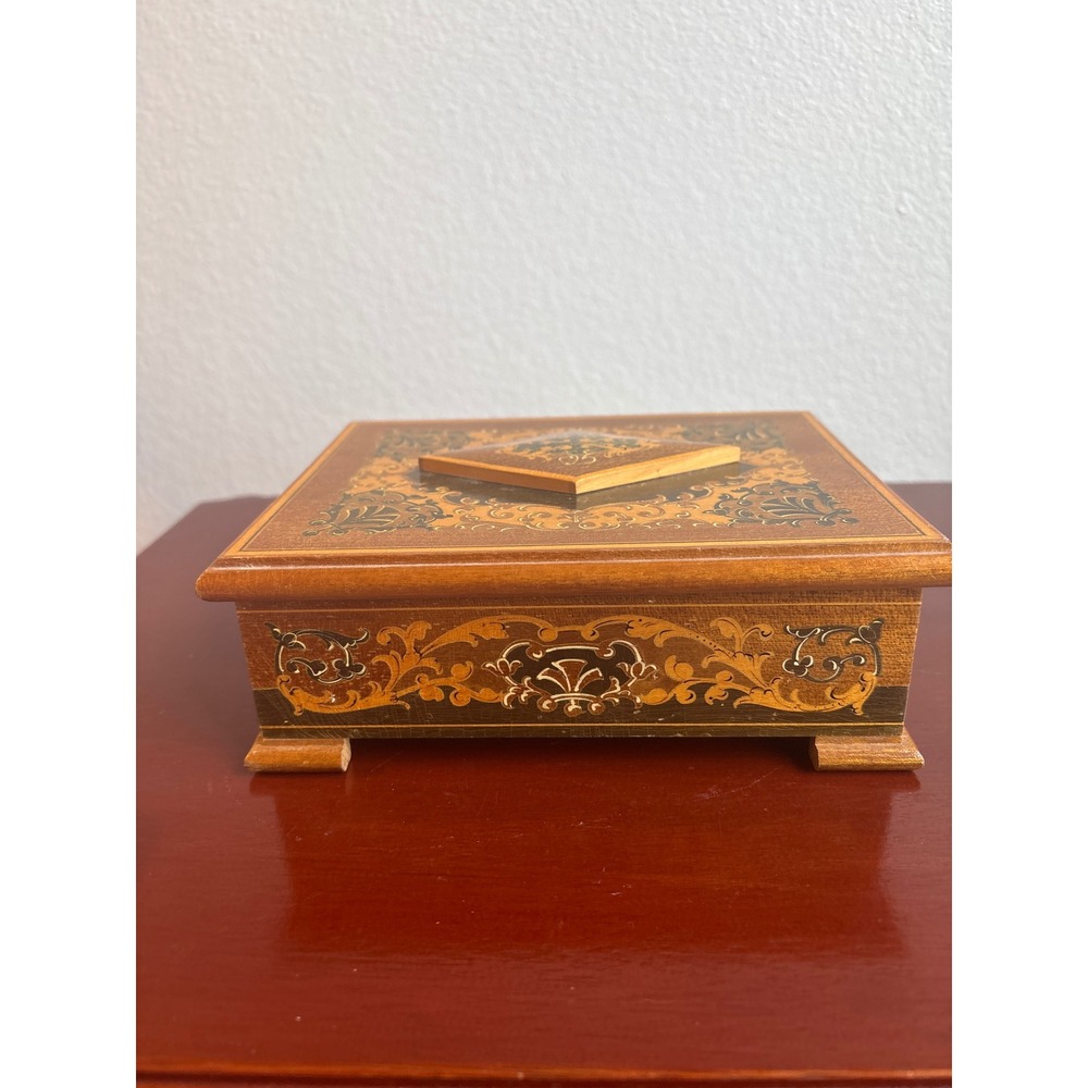 Vintage Marquetry Wood Jewelry Box Inlay Footed Pink Tufted Satin Lining Trinket - Picture 4 of 8
